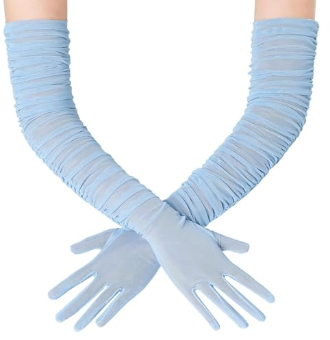 BABEYOND Lange Handschuhe für Damen - Weiches Stretch-Mesh-Tüll, Elegante Opernhandschuhe für Hochzeiten, Bälle, Abendgarderobe, Weihnachtsfeiern, Karneval und Vintage-Kleidung Hellblau