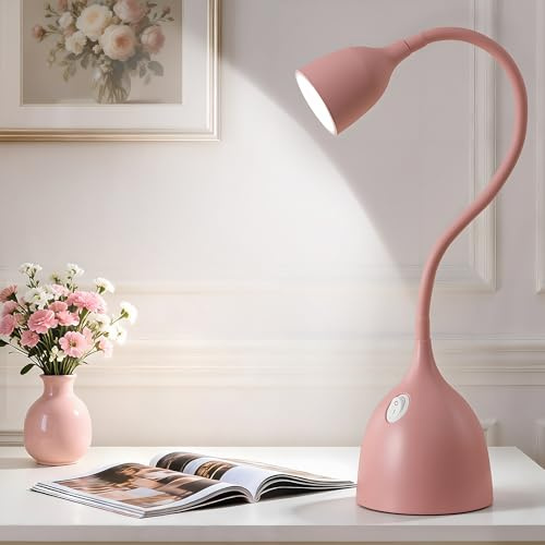 GyroVu Schreibtischlampe Rosa, LED Tischlampe, Klein Einstellbar Flexibler Gänsehals Leselampe, Non-flickering 5000K Schreibtischleuchte Augenschutz für Studentenwohnheim, Büro, Haus