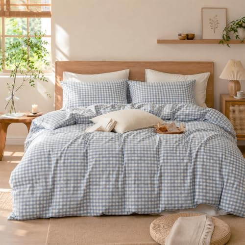 Lanqinglv Bettwäsche 155x220 Baumwolle Kariter Blau,Stone Washed,Renforce | ÖKO-TEX Zertifiziert,Leinenoptik Bettwäsche Allergiker,4 Jahreszeiten Set,Bettbezug 2 Kissenbezüge 80x80 mit Reißverschluss