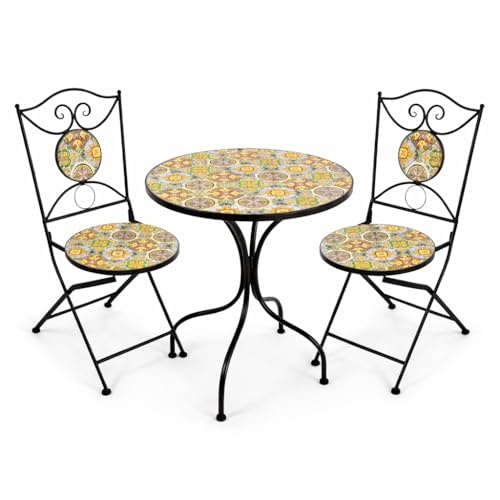 MA MAISON Set Tavolo e 2 Sedie Pieghevoli da Giardino in Metallo con Mosaico, Set 3 Pezzi Tondo per Balcone Terrazzo Bistro (Giallo)
