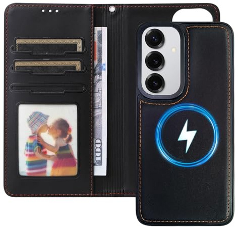 AoozeFon Handyhülle für Samsung Galaxy S25/ S24 Hülle, MagSafe Kompatibel Magnetische Klapphülle, Abnehmbare 2-in-1 360° Stoßfeste Schutzhülle mit Kabelloses Laden & RFID-Blocker & Kartenfach, Schwarz