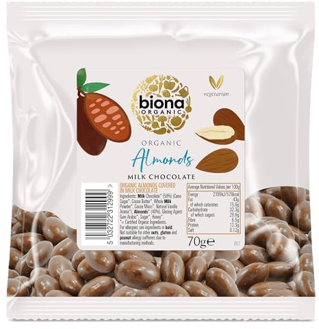 Biona Organic Milk Chocolate Covered Almonds 70g (Pack of 6)