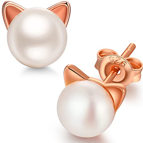 Jiamiaoi Katzen Ohrringe Rosegold Ohrringe Damen Ohrstecker Katze Silber Perlenohrringe Stecker Rosa für Mädchen Kinder Katzen Schmuck
