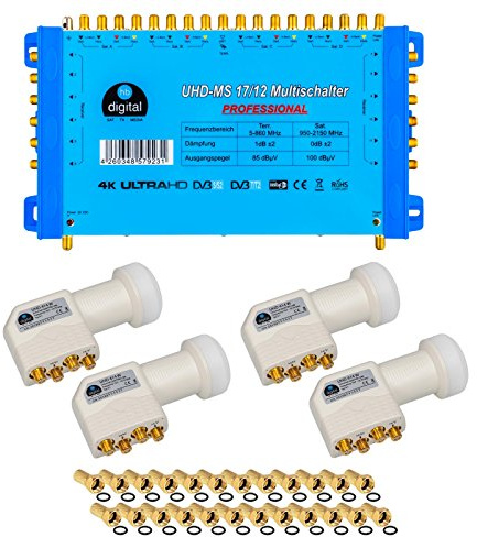HB-Digital Set: Quattro LNB Weiß (Test: SEHR GUT) + Multischalter pmse 17/12 bis zu 4X Satellit und bis zu 12x Teilnehmer/Receiver Full HDTV 3D 4K UHD mit Netzteil + 45 Vergoldete F-Stecker