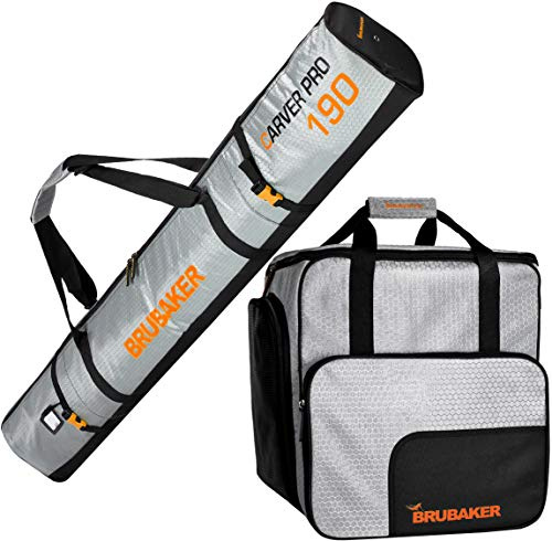 BRUBAKER Kombi Set CarverTec Pro - Skisack und Skischuhtasche für 1 Paar Ski + Stöcke + Schuhe + Helm - Silber Orange - 190 cm