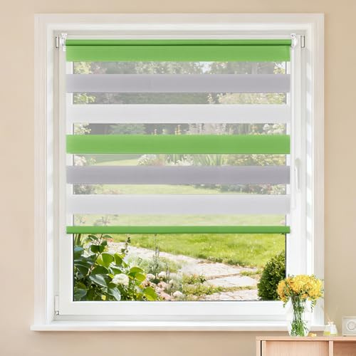 Buseu Store Enrouleur Jour Nuit sans Perçage, Vert-Gris-Blanc, 65 x 140 cm