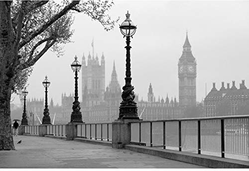 London Fototapete in Schwarz Weiß | Schlafzimmer und Esszimmer Fototapete mit Big Ben in Nebel | Nostalgische Tapete mit England Motiv in 3D Optik
