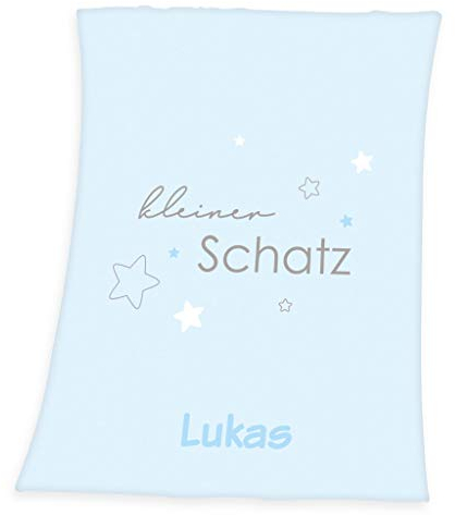Wolimbo Babydecke mit Namen personalisiert - Motiv Kleiner Schatz hellblau - Besticktes Geschenk für Mädchen und Junge