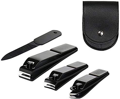 Set di 4 tagliaunghie, ultra affilati e robusti, in acciaio inox nero, tagliaunghie dei piedi e una lima con custodia da viaggio in pelle (custodia nera e nera)