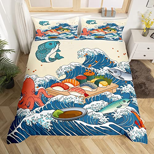 richhome Ukiyoe-Sushi Bettwäsche-Set,Klassisches Essen im japanischen Stil Bettwäsche Set 135x200cm,Blaue Meereswelle Betten Set für Kinder Mädchen Teenager 2St.Reißverschluss Mikrofaser
