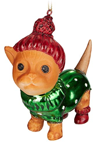 BRUBAKER Katze Hellbraun mit Pudelmütze und Weihnachtspulli Rot Grün - Handbemalte Weihnachtskugel aus Glas - Mundgeblasener Christbaumschmuck Figuren Lustig Deko Anhänger Baumkugel - 10 cm