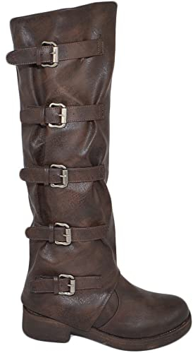 Malu Shoes Stivali biker donna alto al ginocchio marrone cinque fibbie con zip fondo gomma comfort largo comodo moda (36 EU)