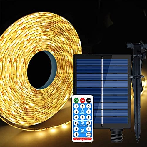 SUAVAER Ruban LED Solaires Exterieur 10M Étanche Guirlande Lumineuse Solaires Bandeau LED Autocollant 240LEDs avec Télécommande 8 Modes Strip Light pour Jardin Terrasse Noël Fête (Blanc chaud)