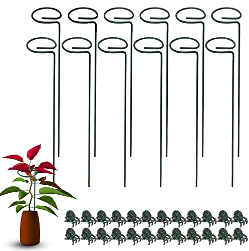 12 Stück Pflanzenstütze 40cm Klein Staudenhalter Strauchstütze Stahl mit 24 Pflanzenclips Single Pflanzenhalter Stem Stützring Orchideenstab Kunststoff für Pflanzen Blumen Gemüse
