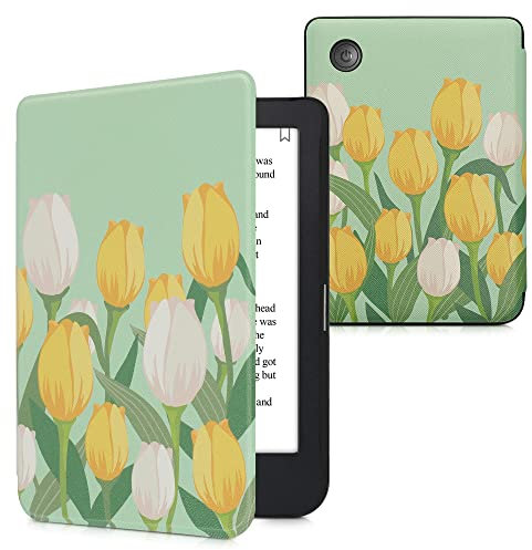kwmobile Klapphülle kompatibel mit Kobo Clara 2E / Tolino Shine 4 Hülle - eReader Case - Tulpen Gelb Grün Weiß