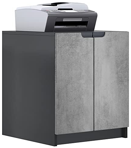 Vladon Druckerkommode Logan, Aktenschrank mit 2 Fächern und 2 Türen, Korpus in Schwarz matt, Fronten in Beton Dunkel Optik, (51 x 60,5 x 54 cm)