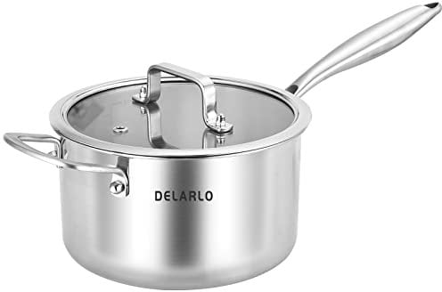 DELARLO Tri-Ply Stainless Steel Saucepan 3.5 Quart With Lid, Induction Cooking Sauce Pot Sauce Pans, Heavy Bottom Saucier Pot Cookware, Dishwasher Safe & Oven Safe, 3.5QT, Silver