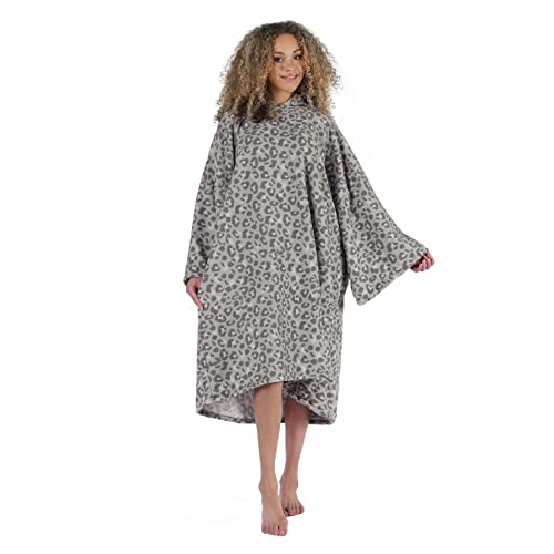 Brentfords Badeponcho Damen Leopard Animal Print Surf PonchoErwachsene Kapuzenponcho, Bad Schwimmen Strand saugfähige Mikrofaser Wickeltuch, Trockener Bademantel Schnell Trocknend Silber Grau