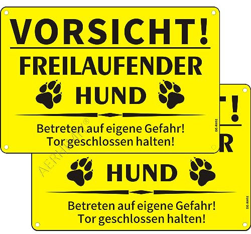Señal de advertencia de perro de aluminio, reflectante, 20 x 30 cm, con texto en alemán, aluminio, resistente a los rayos UV, resistente al agua, inoxidable, con agujeros, color amarillo