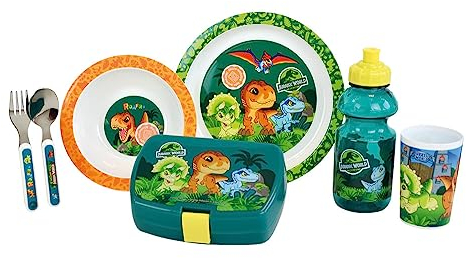 JURASSIC WORLD LOT VAISSELLE POUR ENFANT AVEC VERRE 220 ML, ASSIETTE CREUSE Ø 16 CM, ASSIETTE Ø 22 CM, COUVERTS H.13.5 CM, GOURDE 350 ML ET BOITE GOUTER, Green-brown-gray