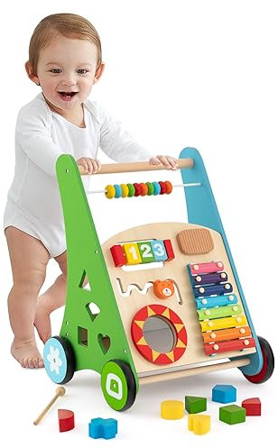 COSTWAY 7 en 1 Chariot de Marche en Bois avec Boîte de Rangement, Marcheur D'Apprentissage Bébé avec 8 Blocs et 1 Maillet, Coins Arrondis, Trotteur pour Bébé de 1 An+(Multicolore)
