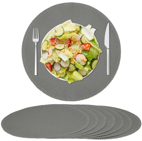 Rinpon Set di 8 tovagliette rotonde in tessuto, in lino rustico, lavabili in lavatrice, resistenti al calore, resistenti alle pieghe, in poliestere spesso, per tavolo da pranzo (grigio chiaror)