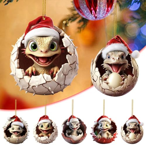 1/5 Stück Niedlicher Weihnachtsdeko Baby Drache im Ei Anhänger Weihnachten Dinosaur 2D Acryl Lustige Weihnachtskugel Katze Cute Deko Christmas Ornaments Tree Decorations (5pcs, one Size)