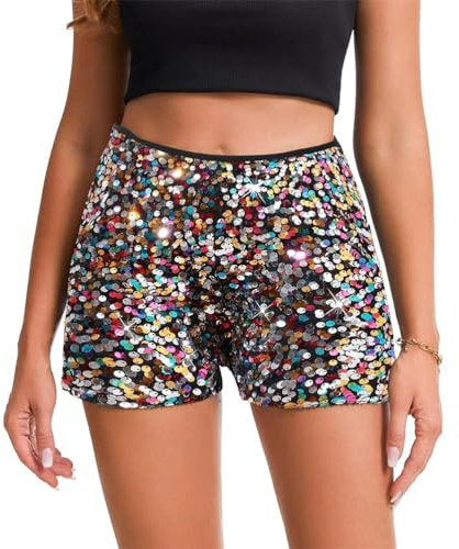 ORANDESIGNE Damen Pailletten Short Glitzer Party Shorts Freizeitshort für Nacht Club Festivals Outfits Glänzend Kurz Hose Tanzshorts High Elastic Hot Pants A Mehrfarbig XXL