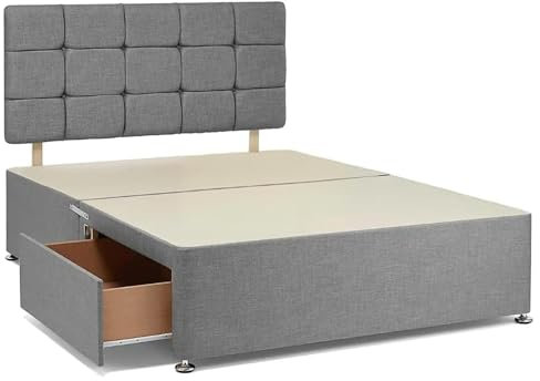 BED TIME UK - Ultimate Comfort Ultra-Cool Light Grey Chenille Double Bed Frame | 4FT6 Double Bed with Matching 20” Cubic Buttoned Headboard & 2 Storage Drawers