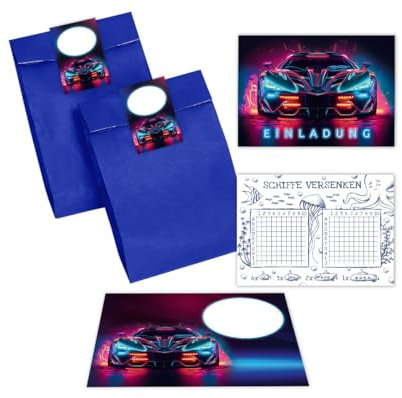 Minkocards 12 Einladungskarten Kindergeburtstag Junge Auto Rennauto Einladungen Jungsgeburtstag Rennwagen incl. 12 Umschläge, 12 Partytüten/blau, 12 Aufkleber, 12 Schiffe versenken