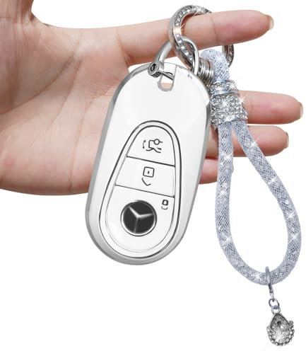 Yumzeco Kompatibel mit Mercedes Benz Schlüsselhülle,3 Buttons 2020-2025 Mercedes Benz Schlüssel Hülle S G E GLC EQE EQS 300 350 450 500 560,mit glänzendem Diamant Schlüsselband Schutzhülle-Weiß