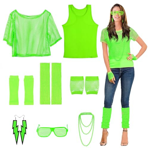 songyea 80er 90er Jahre Outfit Damen, Neon Kleidung Damen, Netzshirt, Tank top, Netzhandschuhe, Beinwärmer, Ohrring, Halskette, Brille, 80er Jahre Accessoires für Karneval Party(Grün,L)