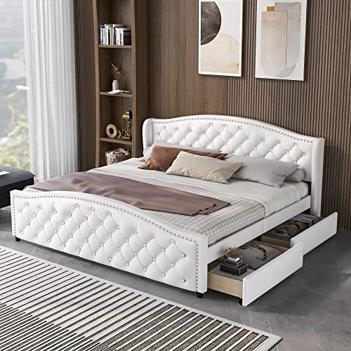 Kehun Doppelbett Polsterbett 180x200 cm mit Kopfteil, Bett mit 2 Stauraum Schubladen, StauraumBett mit Lattenrost und Zugpunktnieten, Klassischer Stil, Kunstleder, Weiß, Ohne Matratze