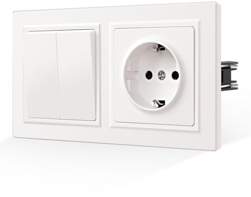 CNBINGO Schuko Steckdose und Lichtschalter mit Krallen - 2 Fach 1 Weg Wippschalter Unterputz - Schutzkontakt Wandsteckdose mit Kindersicherung - Hautfreundliche Mattierte Platte - Weiß
