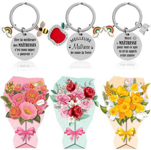 Cadeau Maîtresse d'École Fin d'Année : 3 Porte-clés Merci + 3 Cartes de Remerciement – Lot pour Maîtresse de Maternelle & Professeur