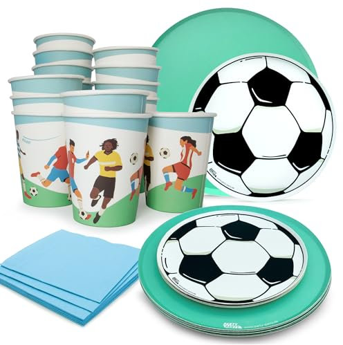PARTY PARTY 68 Teile Fußball Party Set Grün 16 Gäste, EM PARTYGESCHIRR Partybecher, Pappteller, Fußball Partyteller, Servietten, Fußballparty Geburtstag Fußball Deko Jungen Mädchen