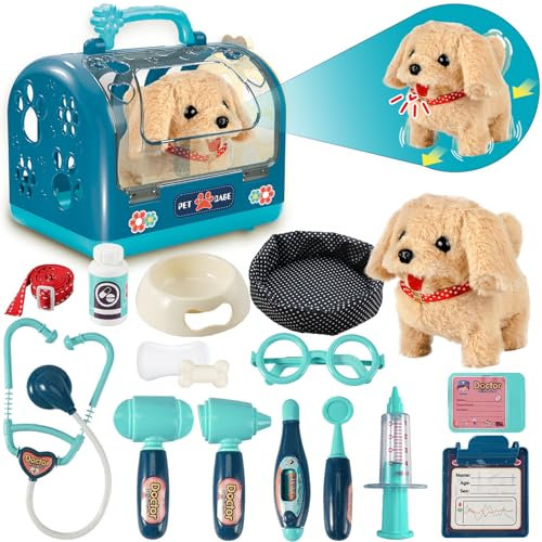 STAY GENT 17Stück Interaktives Tierarzt Arztkoffer Kinder mit Plüsch-Hund, Käfig & Stethoskop, Spielzeug Hund mit Leine Läuft & Bellt, Tierarzt Rollenspiel Geschenke für Kinder 3-8 Jahre