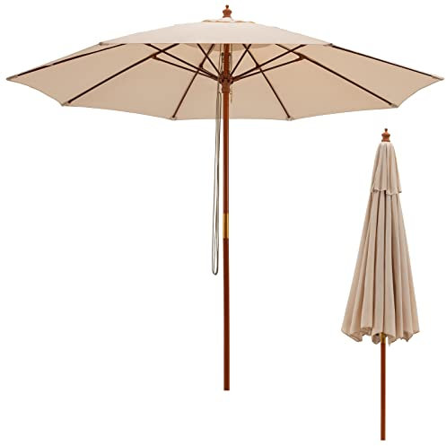 Parasol de terrasse en bois de 2,83 m avec 3 positions de vitesse et 8 baleines pour extérieur, auvent de jardin, poulie, pour marché, cour, terrasse, piscine, plage, beige, 283 x 283 x 254cm