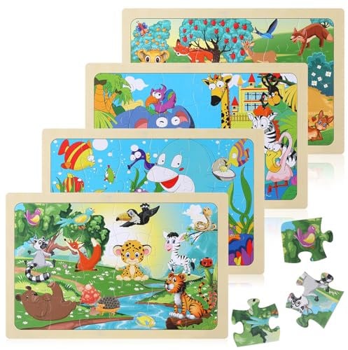 Kaisibum Tiere Puzzle ab 3 Jahre, 4x24 Teilen Holzpuzzle Kinder, Kinderpuzzle Holz Puzzles Kinderspielzeug Geschenke für Jungen und Mädchen (Hai, Elefant, Tiger, Zebra)