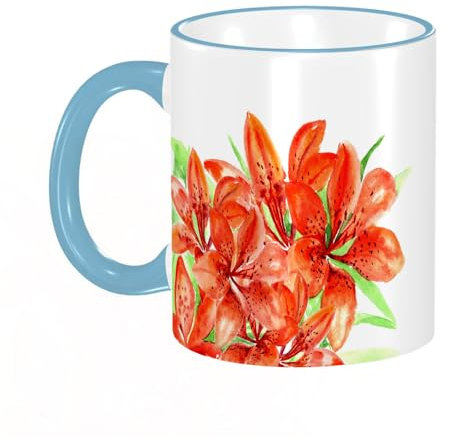 YOIUE Tasse aus Keramik - Große 11oz Tassen 330ml Kaffeetassen mit Henkel, 100% Handbemalt - Trinkgläser mit Griff - Weiß,Aquarelle Blumen, Lilien auf weiß für Text
