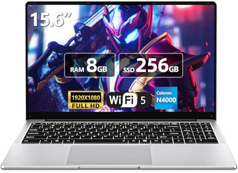 PC Portatile da 15,6 pollici, Computer portatile Celeron N4000, laptop 8GB RAM 256GB SSD, notebook Full HD 1920 x 1080, apertura e chiusura a 180 gradi, WiFi 5, Mini HDMI, TF Card Slot, USB3.0, BT4.2