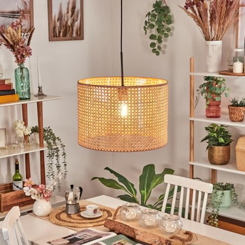 HOFSTEIN Hängeleuchte Barcos, Hängelampe aus Metall/Rattan/Wiener Geflecht/Stoff in Schwarz/Natur/Braun, Pendelleuchte im Retro/Vintage-Design, E27, max. 155 cm, Esszimmer, Wohnzimmer, Küche, Flur