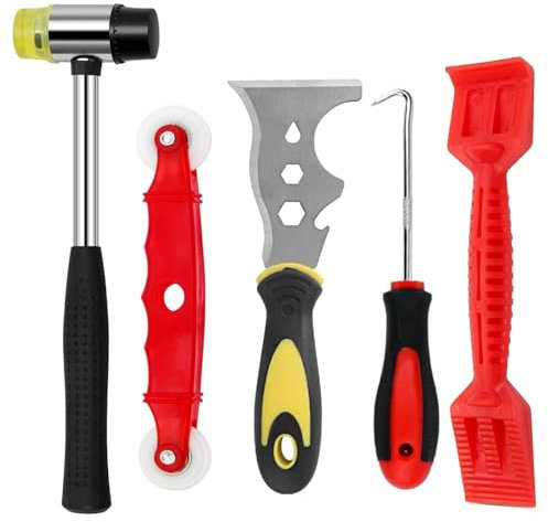 JALEVID Window Glazing Tool Kit,5PCS Glazing Tools,13in1 Knife Chisel,Ruber Hammer,Glazing Shovel Paddle for Deglazing Beading,Red Window Roller,Spline Removal Hook for Windows,Doors Hand Tool Sets