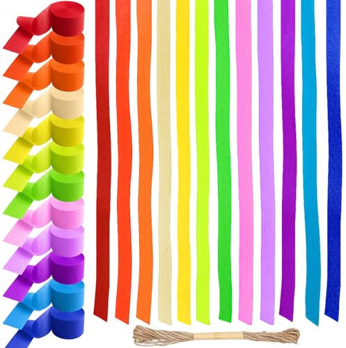 Nadinsta 12 Rollen Krepppapier Bunt, 4.5cm x 25 m Regenbogen Kreppband Bunt, Crepe Papier, Kreppbänder Luftschlangen Regenbogen für Hochzeit Geburtstags Party Feier Dekoration