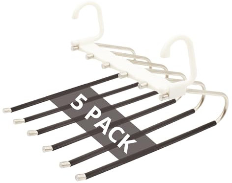 LORI HOME – Set 5 Pezzi Grucce Pantaloni Salvaspazio 6 in 1 – Appendini Armadio in Acciaio Inox Resistenti, Antiscivolo e Multifunzionali per Jeans, Pantaloni e Sciarpe