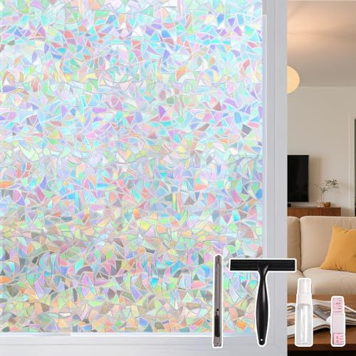 Conkov Fensterfolie Regenbogen Sichtschutzfolie Transparent 90 x4200 cm | Haftet ohne Kleber Anti Glare UV-Schutz Vinyl Schimmernd Dekorfolie für Wohnzimmer Küche Büro Halbmond Mit Werkzeug