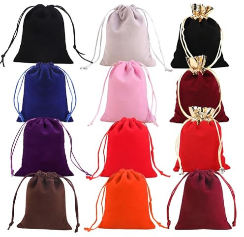 Lyivisk 24 Bolsitas de Terciopelo con Cordón 12 Colores - Saquitos Suaves para Joyas, Anillos, Bodas, Fiestas y Regalos - Presentación Elegante