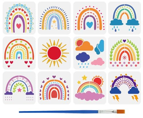 FINGERINSPIRE 12 Stück Wetter Regenbogen Schablone Zum Malen Mit Pinsel 20x20cm Vorlage Für Sonne Wolken Herzen Sterne Olivenblätter Regen Donner Schablone Naturthema Vorlage Zur Dekoration