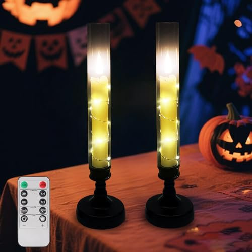 Flammenlose LED Kerzen mit Kerzenhalter, 2 Stück Stabkerzen mit Batterie, LED Kerzen Flackernde Flamme mit Fernbedienung & Timer, Elektrische Kerze für Halloween Hochzeit Tisch Weihnachten (Schwarz)
