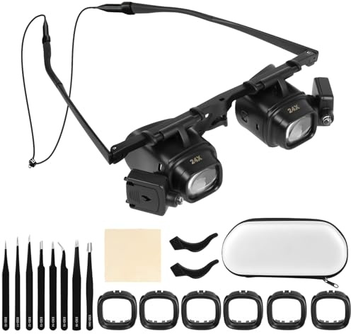 Ainiv Lupenbrille mit Licht, Lupe zur Kopfmontage mit Pinzette | Lupe Brille 2.0X 6.0X 10.0X 24.0X, 2 LED-Leuchten, Hände Frei KopfbandLupe für Lesen, Elektriker, Nähen, Handwerk, Juweliere